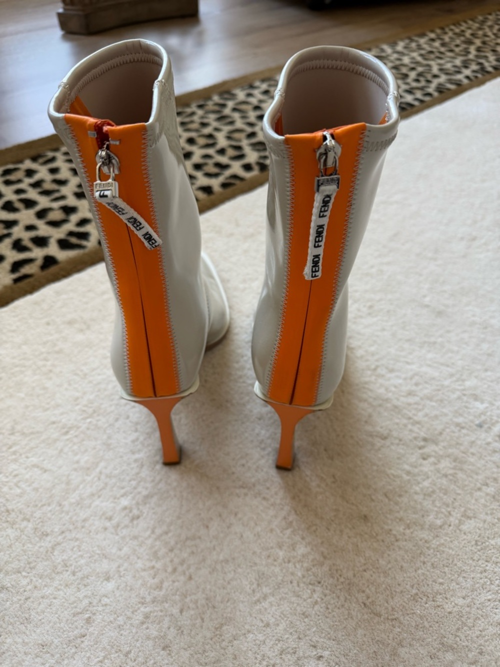 Fendi Glossy Light Gray Pointed-Toe Mid-Calf Boots with Orange Pull Tabs - Picture 5 of 6